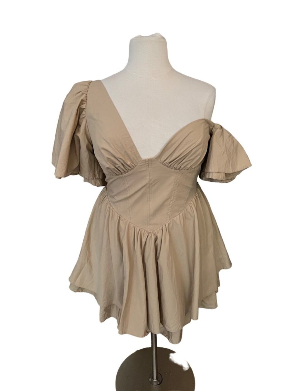 ASOS One-Shoulder Puff Sleeve Mini Dress in Beige